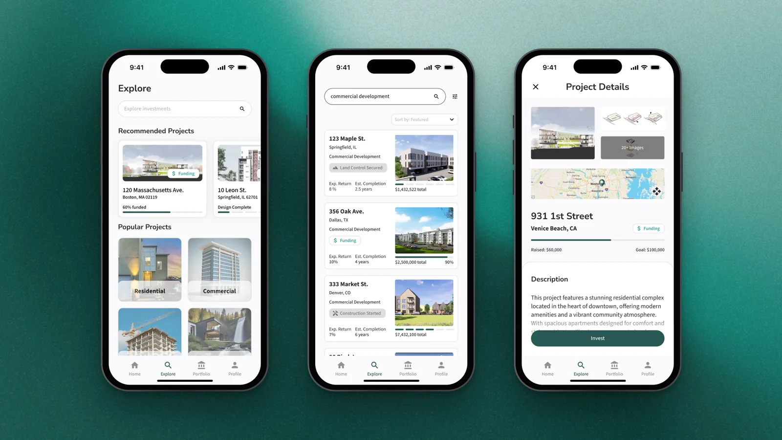 Three phones showing the Explore tab with recommended and popular projects, search results for commercial development, and the project page for 931 1st Street