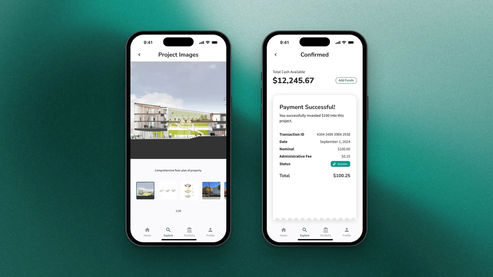 A project's image gallery of a residential complex, next to a Payment Successful receipt with the transaction ID, date and total