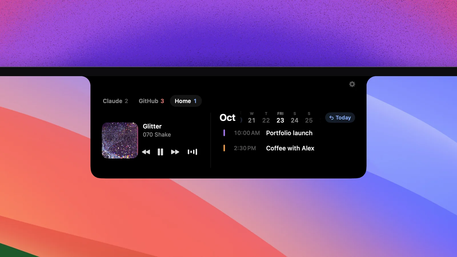 The Dynami panel on the Home tab, with Glitter by 070 Shake playing next to a calendar showing Friday the 23rd