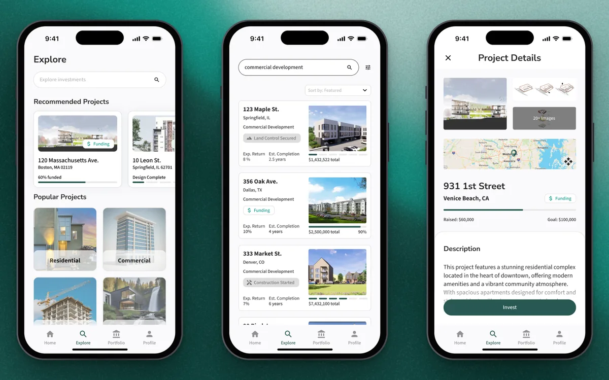 Three phones showing the Explore tab with recommended and popular projects, search results for commercial development, and the project page for 931 1st Street
