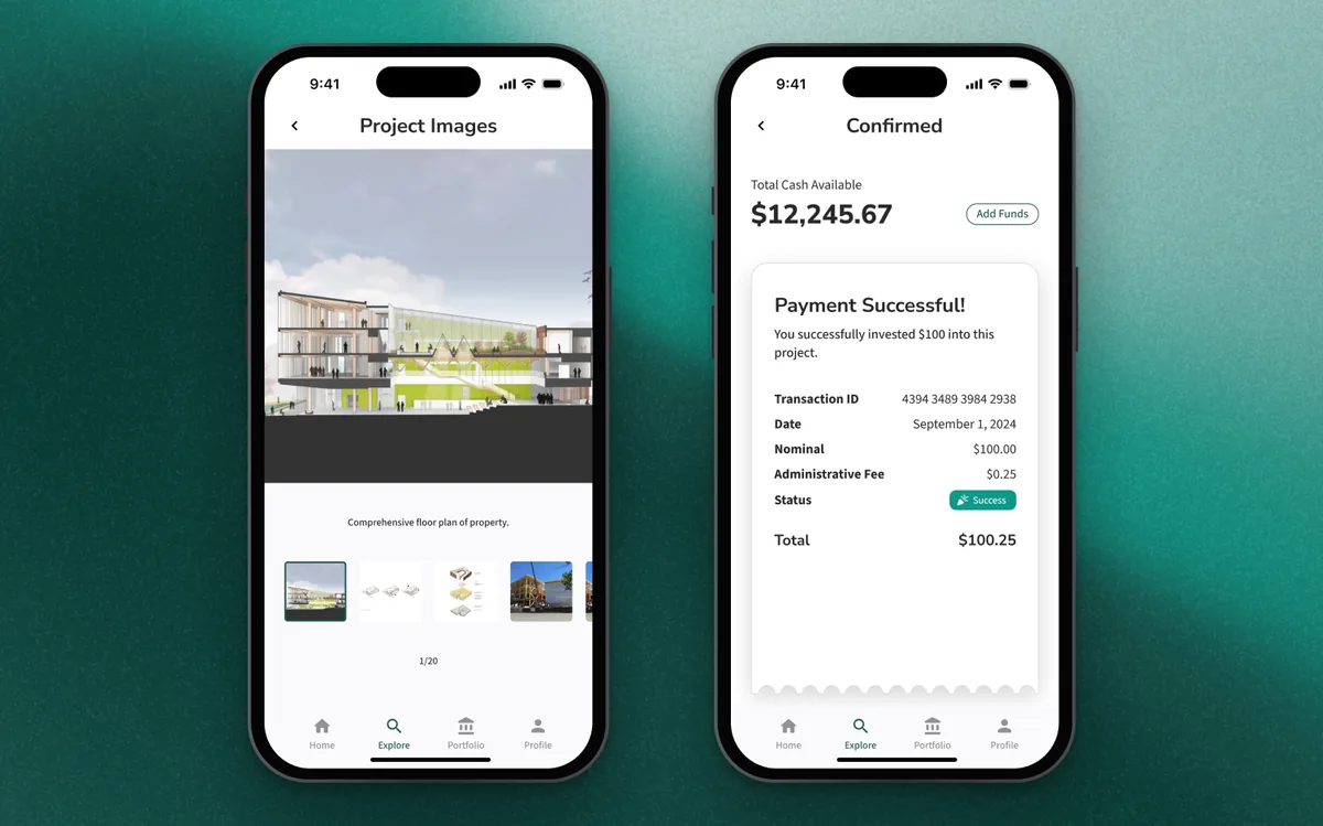 A project's image gallery of a residential complex, next to a Payment Successful receipt with the transaction ID, date and total