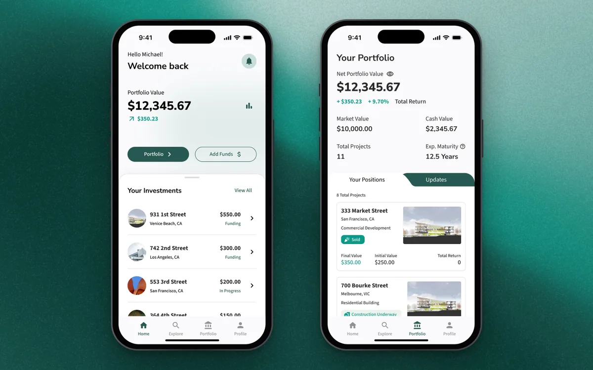 The home screen welcoming Michael back with a $12,345.67 portfolio value and a list of his investments, next to the Your Portfolio screen
