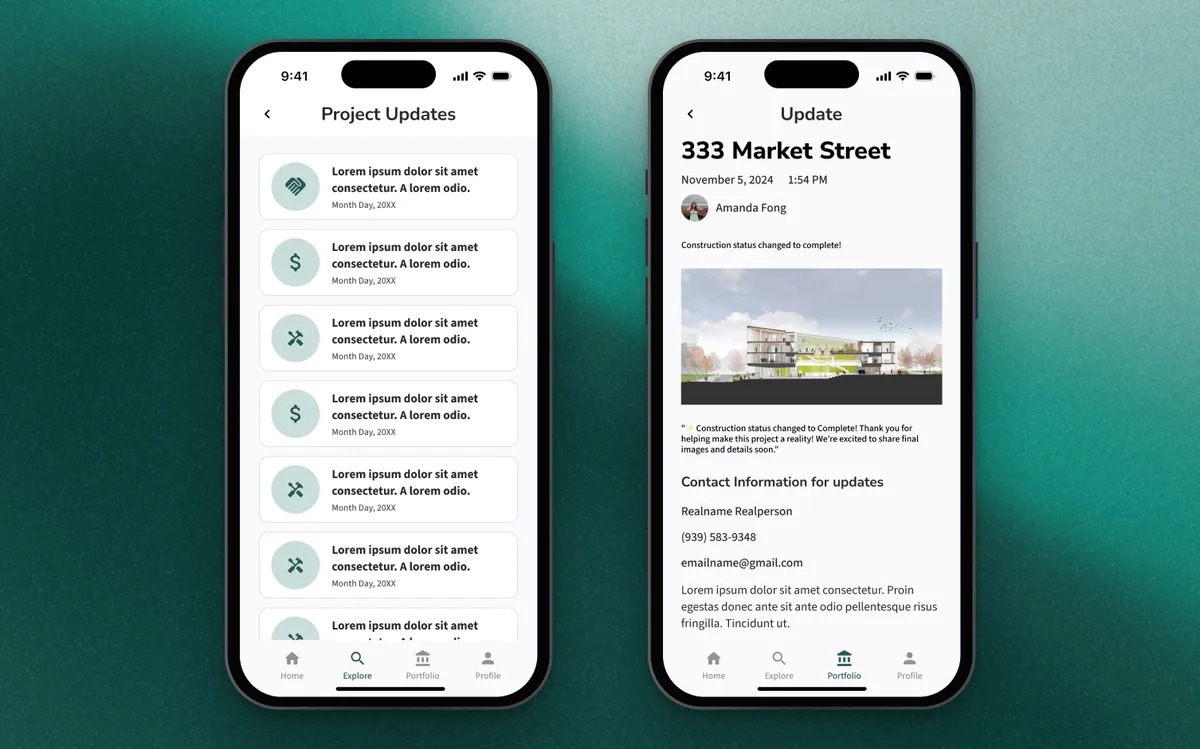 A list of project updates, next to an update for 333 Market Street with a construction photo and the developer's contact details