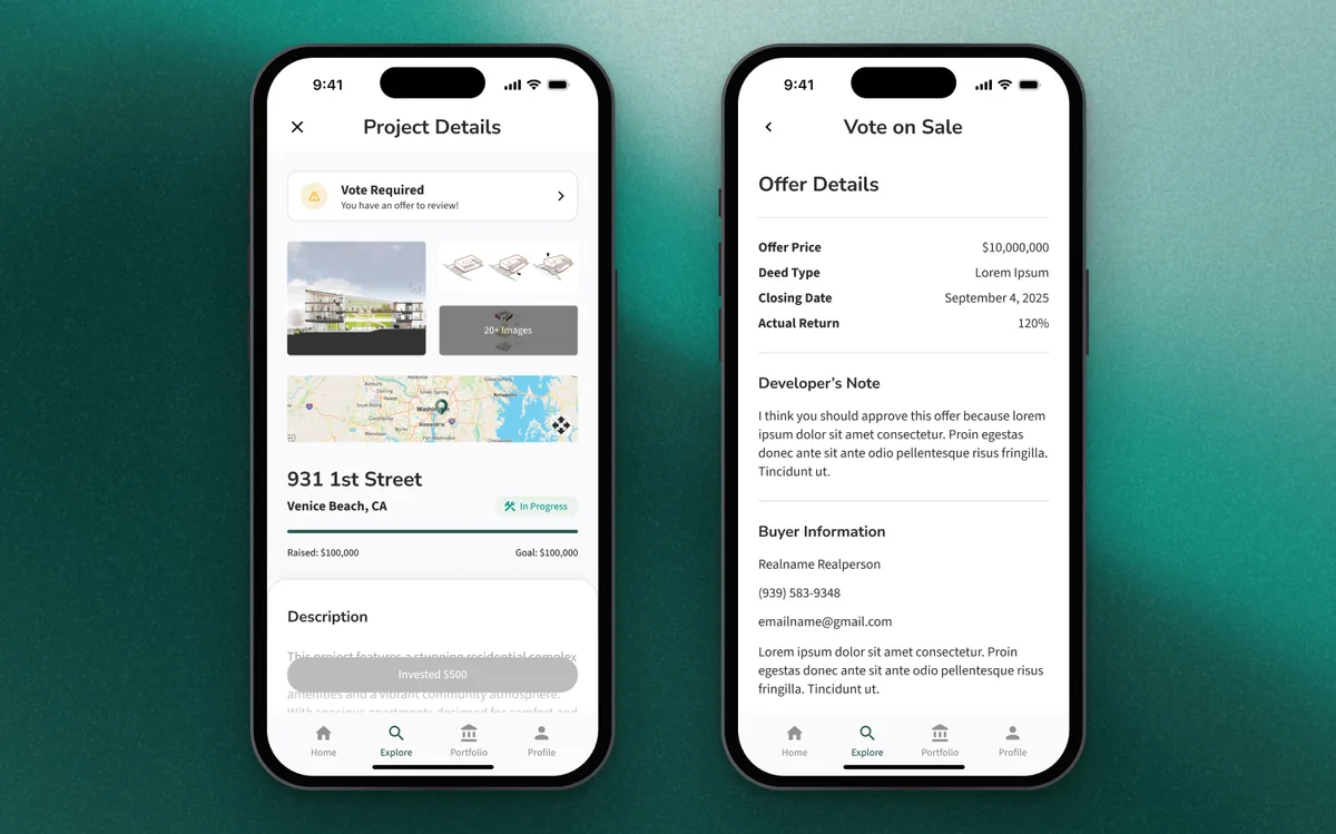 A project page with a Vote Required banner, next to the Vote on Sale screen with the offer price, closing date and the developer's note