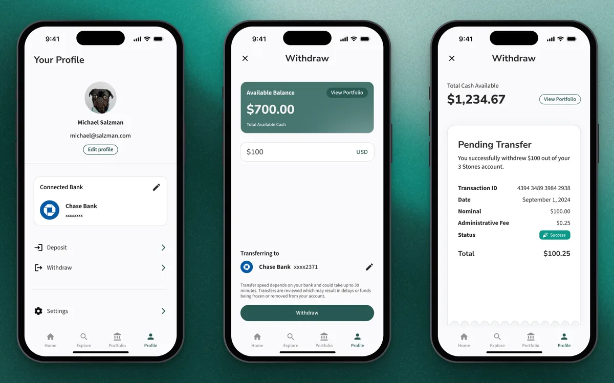 Three phones showing a profile with a connected Chase account, a withdrawal of $700 of available cash, and the pending transfer's details