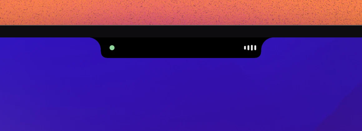 Dynami collapsed into a small pill around the MacBook notch, with a green dot on the left and a music waveform on the right