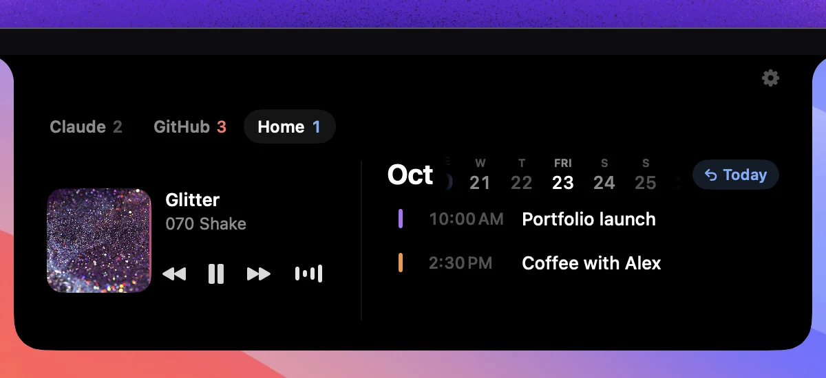 The Dynami panel on the Home tab, with Glitter by 070 Shake playing next to a calendar showing Friday the 23rd