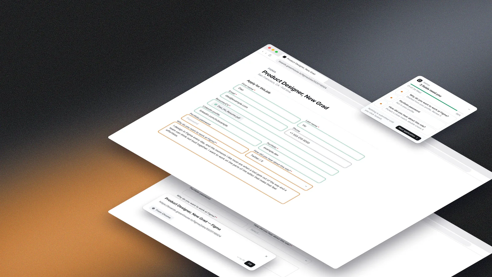 The Figma application form, the Kairos review panel and the link card stacked as tilted layers over a dark gradient