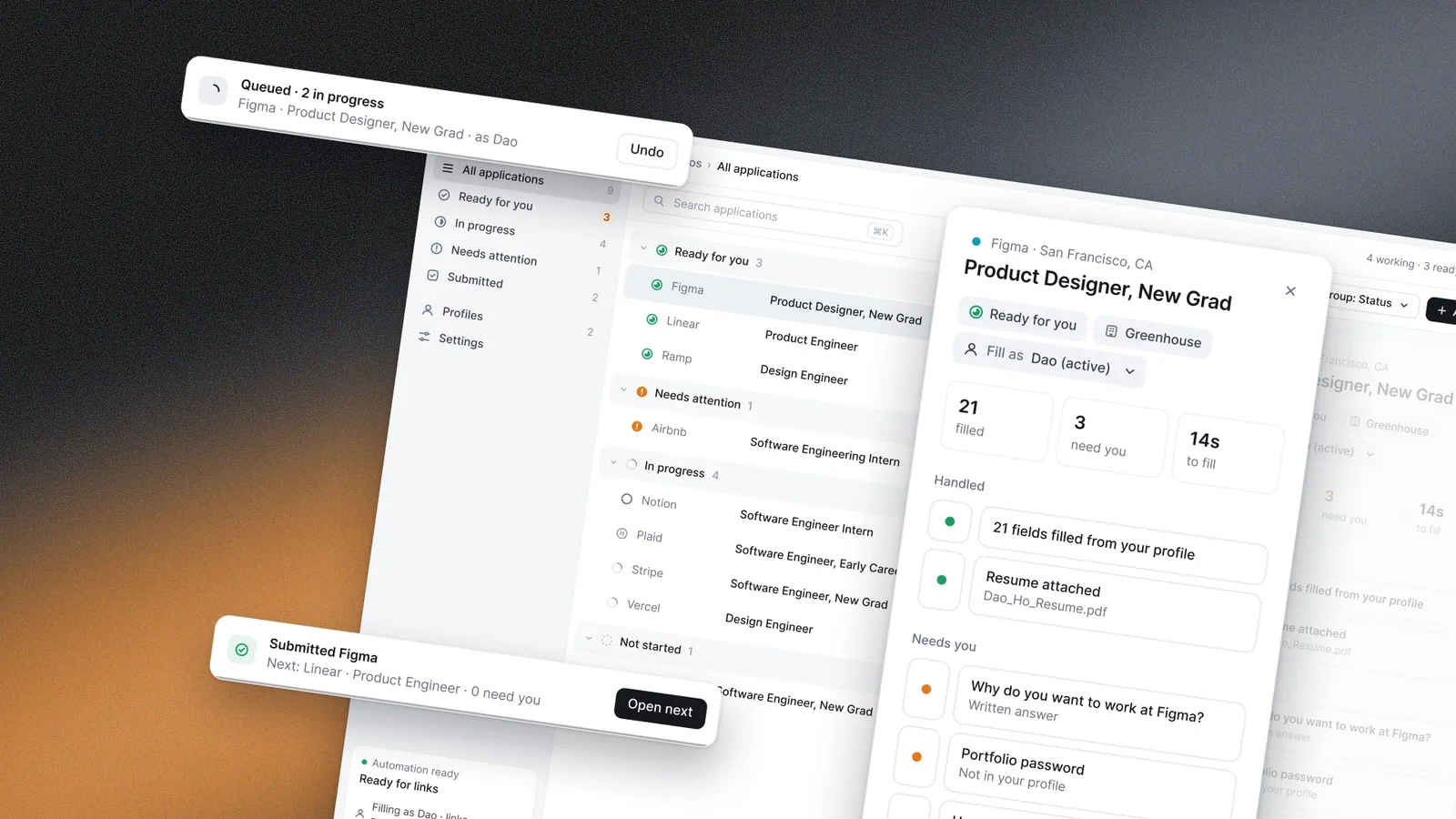 The Kairos application drawer for Figma lifted at an angle over the applications list, with Queued and Submitted Figma toasts beside it
