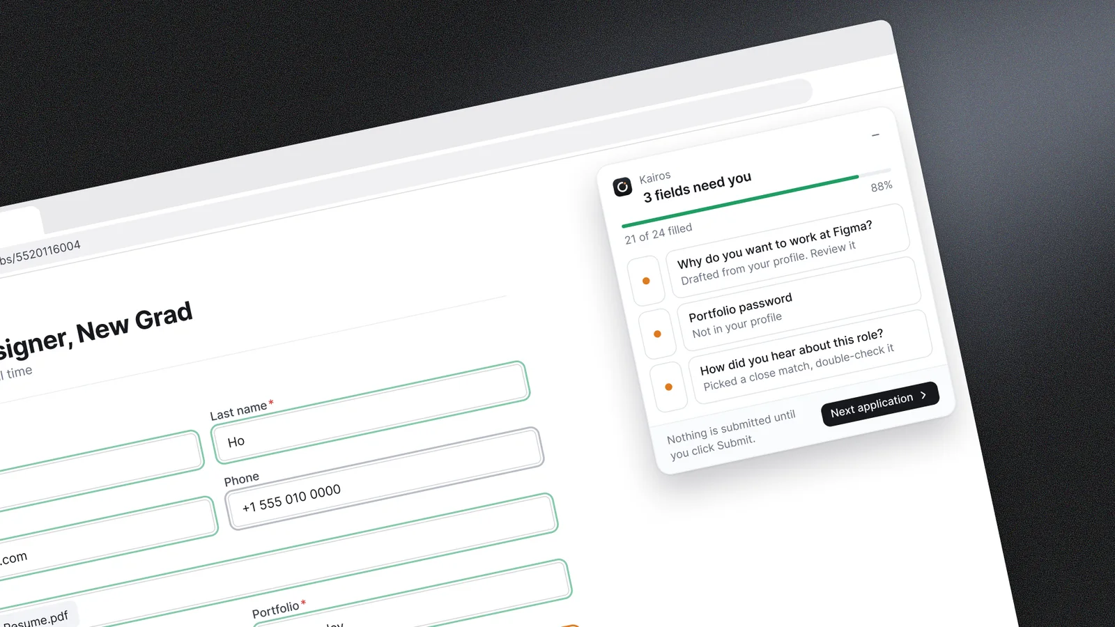 A close, tilted crop of the Kairos review panel listing 3 fields that need you, next to the filled Figma form