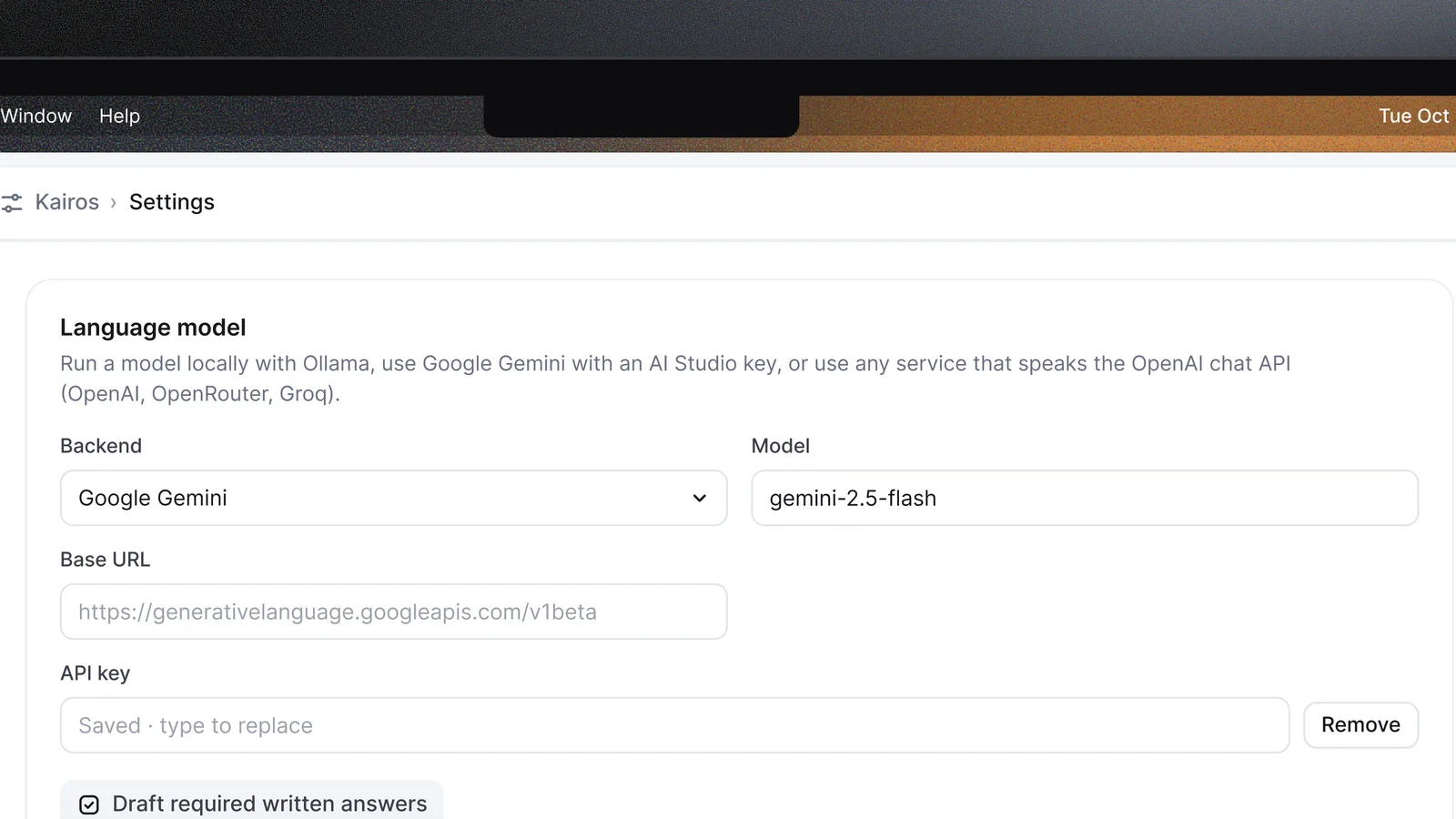 Kairos settings with the language model set to Google Gemini and gemini-2.5-flash, an API key field, and a Draft required written answers checkbox