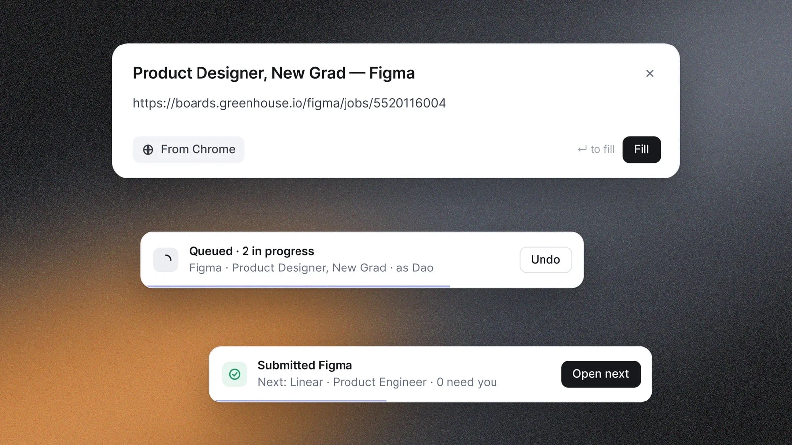 A Kairos link card above a Queued toast for the Figma application and a Submitted Figma toast with a button to open the next one, at Linear