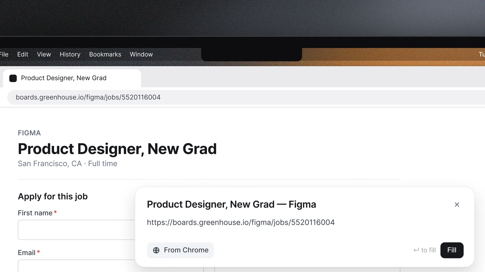 A Greenhouse posting for Product Designer, New Grad at Figma open in Chrome, with a Kairos card showing the job's link and a Fill button
