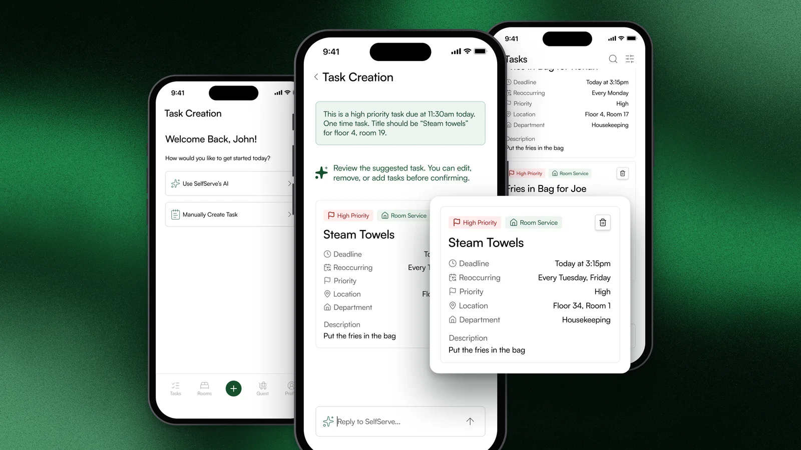 Task creation on a phone, where a request for high priority steam towels on floor 4 becomes a suggested task with a deadline, recurrence and department