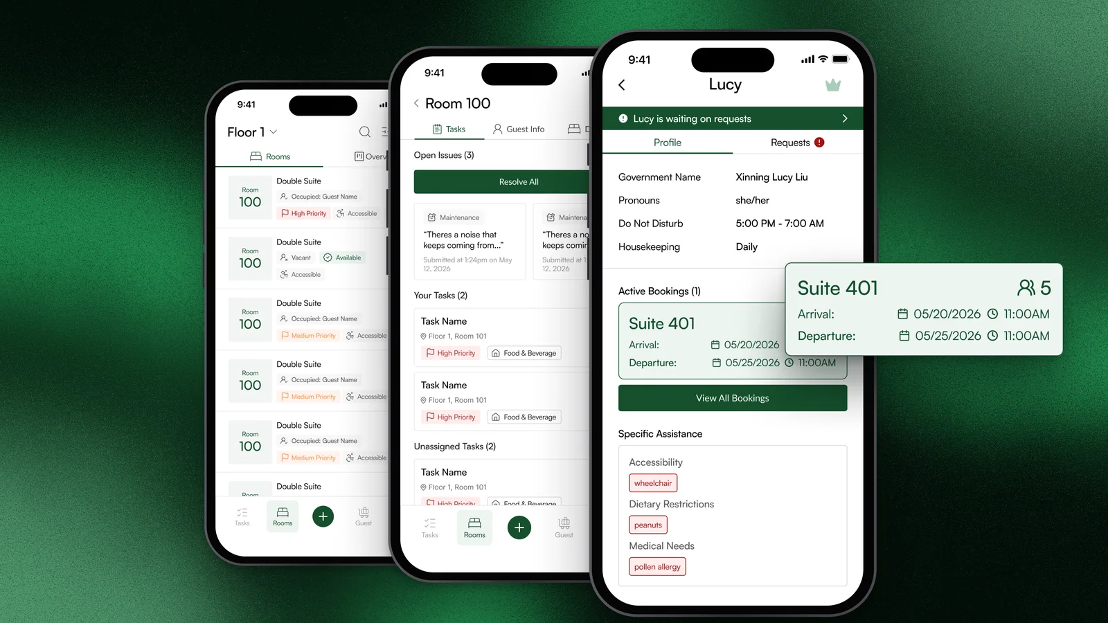 Phones showing the rooms on Floor 1, Room 100's issues and tasks, and Lucy's guest profile with her Suite 401 booking and needs like wheelchair access and a peanut allergy