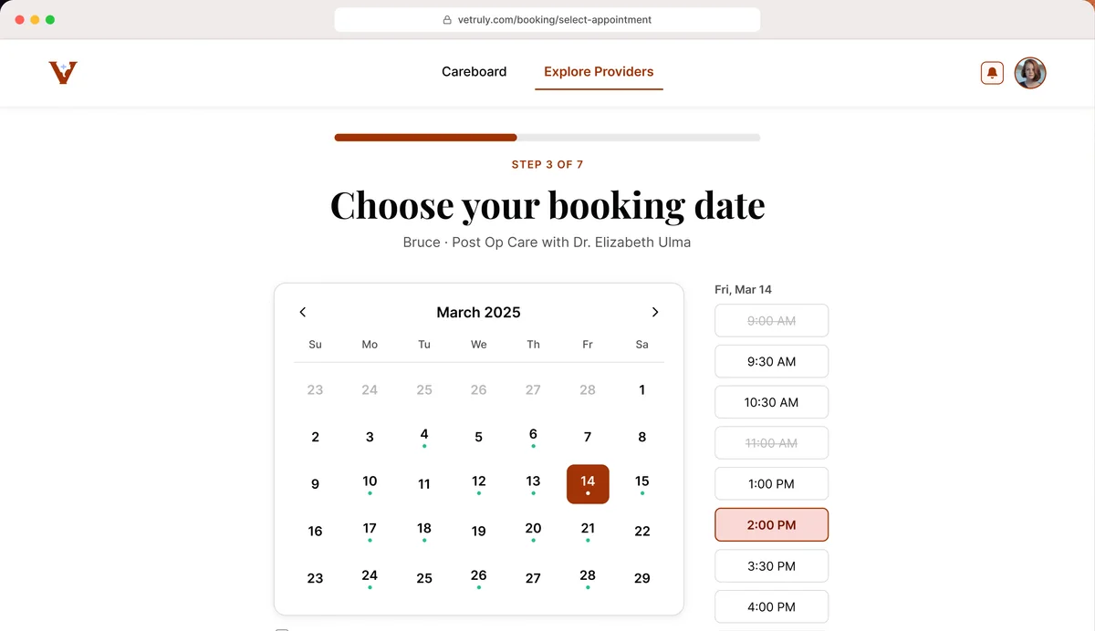 Step 3 of 7 of booking, a March 2025 calendar with the 14th selected and a column of open times with 2:00 PM chosen