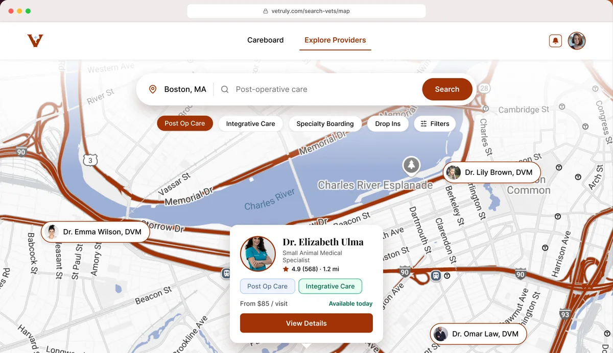 A map of Boston with vets pinned on it, a search for post-operative care, and a card for Dr. Elizabeth Ulma with her rating, care types and price