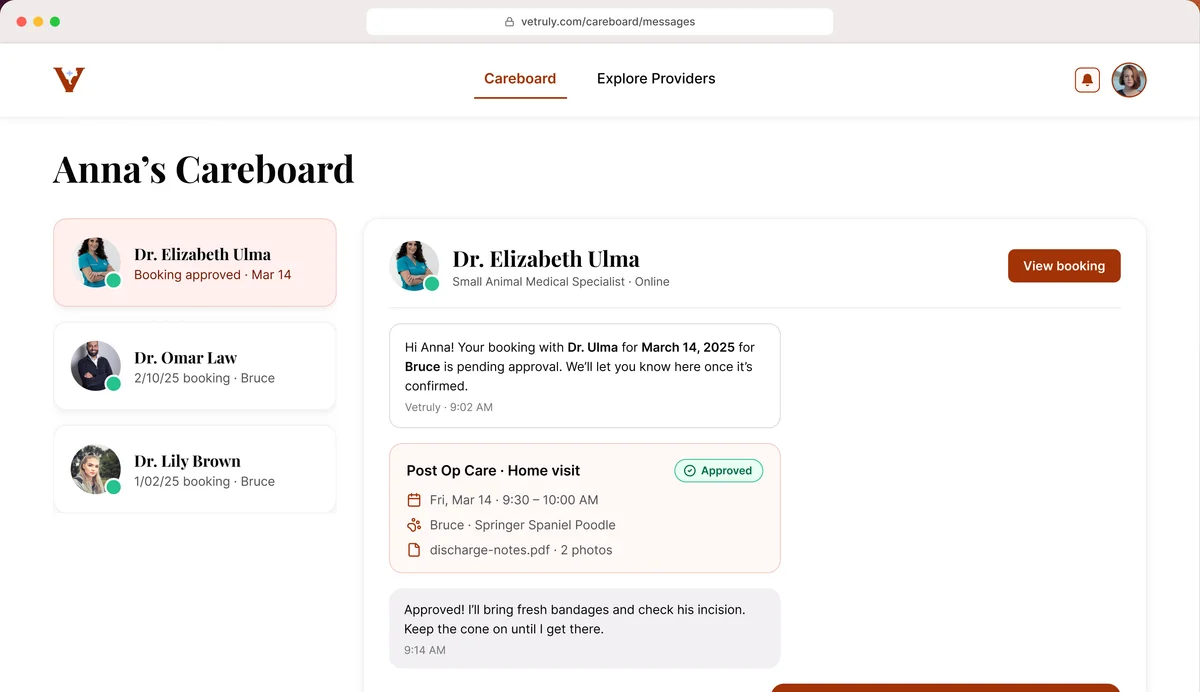 Anna's Careboard, listing three vets on the left and a thread with Dr. Ulma showing an approved post-op home visit for Bruce