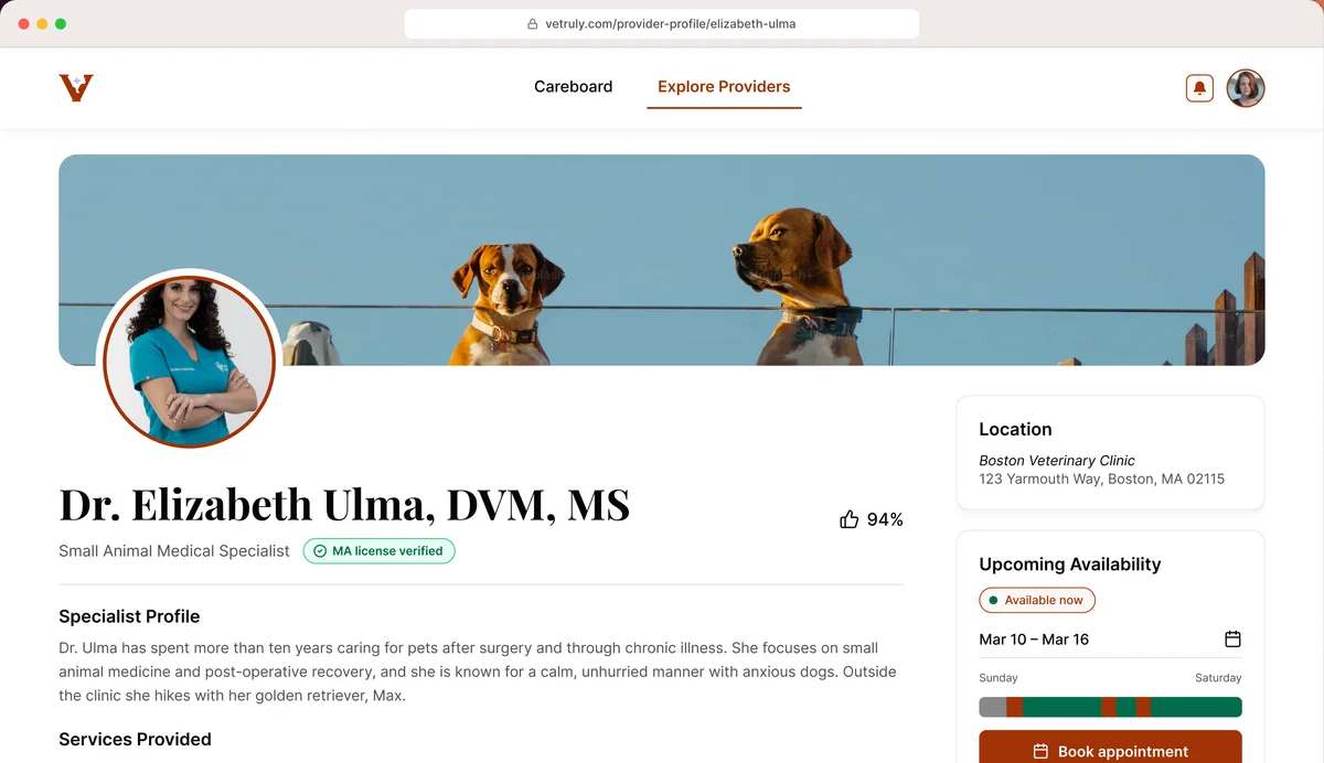 Dr. Elizabeth Ulma's profile, with a verified MA license badge, her clinic's location, upcoming availability and a Book appointment button