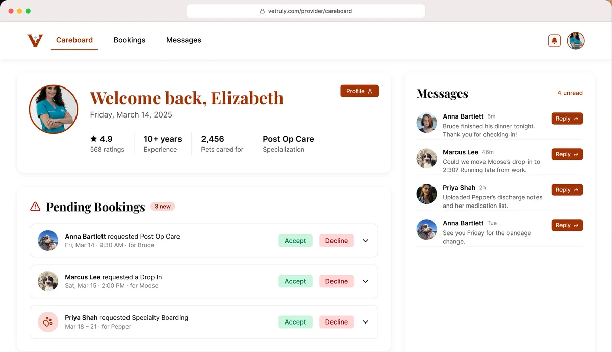 Dr. Ulma's careboard, with her ratings and experience, three pending bookings to accept or decline, and a column of messages from owners