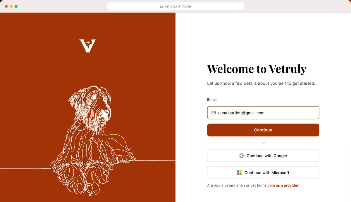 The Vetruly sign-in screen, a line drawing of a dog on a rust panel next to a Welcome to Vetruly form with email, Google and Microsoft options